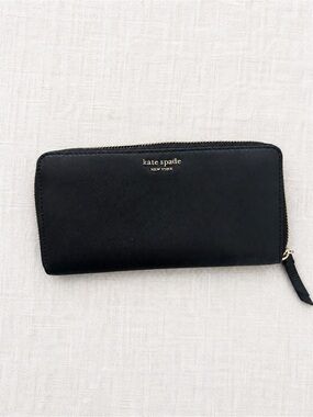 kate spade New York Black Zip-Around Saffiano Wallet with Gold Logo